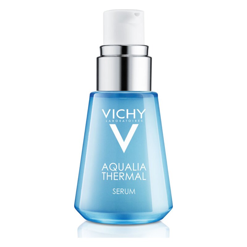 Blauer Serumflakon mit Pumpspender von Vichy, beschriftet mit 'Aqualia Thermal' und 'Serum'
