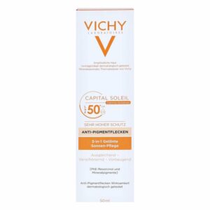 Verpackung von Vichy Sonnenpflege mit LSF 50, gerichtet auf Anti-Pigmentflecken, in einem 50 ml Flakon.