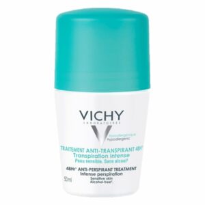 Deodorant in weißem Behälter mit hellblauem Deckel, für empfindliche Haut, alkoholfrei, 50 ml.