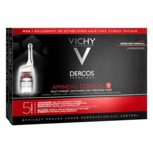 Verpackung von Vichy Dercos Aminexil Clinical 5 zur Haarbehandlung, enthält 21 Monodosen, betont Anti-Haarverlust-Eigenschaften.