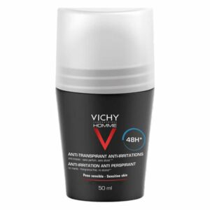 Deodorant Roller von Vichy für empfindliche Haut, schwarze Verpackung mit weißem Deckel, 50 ml Inhalt.