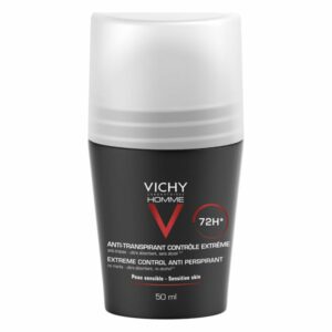 Schwarzer Roll-On-Deodorant von Vichy mit weißem Deckel, speziell für empfindliche Haut, 50 ml.