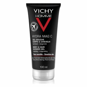 Schwarze Tube mit weißer und roter Schrift für ein Duschgel von Vichy für Körper und Haare, 100 ml.
