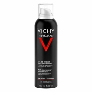 Schwarze Spraydose mit Vichy Homme Anti-Irritations Rasiergel für empfindliche Haut, 150 ml.