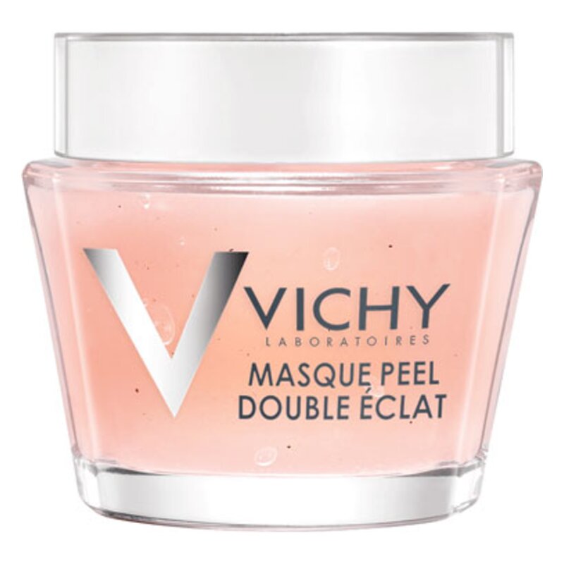 Glasbehälter mit rosa Peel-Maske von Vichy, beschriftet mit "Masque Peel Double Éclat".