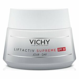 Hautcreme in einem runden, silbernen Behälter mit weißem Deckel und der Aufschrift "VICHY LIFTACTIV SUPREME SPF 30".