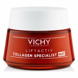 Rot-glänzender Tiegel mit weißem Deckel, beschriftet mit "VICHY LIFTACTIV COLLAGEN SPECIALIST NUIT".