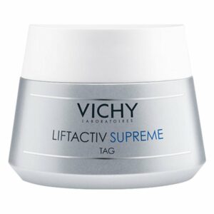 Vichy Liftactiv Supreme Tagescreme in einem runden, silberfarbenen Behälter mit weißem Deckel.
