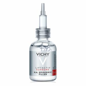 Flasche mit transparentem Filler von Vichy, Liftactiv Supreme, mit Pipette und silbernem Etikett.