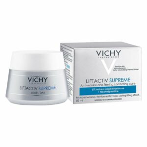 Vichy Liftactiv Supreme Tagescreme in einem runden Behälter mit silbernem Deckel und einer blauen Verpackung.