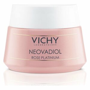 Rosa Creme-Behälter mit weißem Deckel von Vichy, beschriftet mit NEOVADIOL ROSE PLATINIUM.