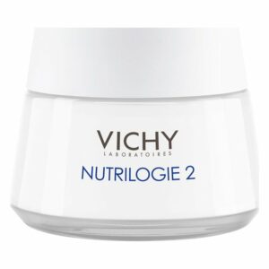 Eine weiße Cremedose mit einem klaren Deckel, beschriftet mit "VICHY NUTRILOGIE 2".