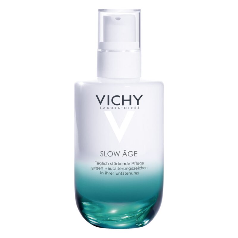 Transparente Flasche mit einem sanften Farbverlauf von Weiß zu Blau, enthält Vichy Slow Âge Hautpflege.