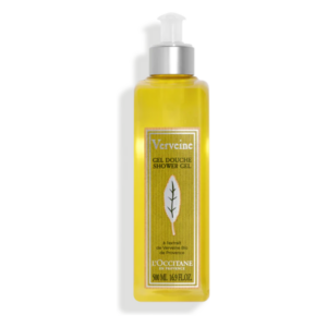 Gel Douché von L'Occitane in einer transparenten Flasche mit gelbgrünem Inhalt und einem Pumpspender