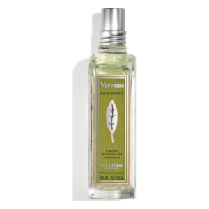 Flasche Eau de Toilette mit grünem Etikett und Blattmotiv, 100 ml von L'Occitane.
