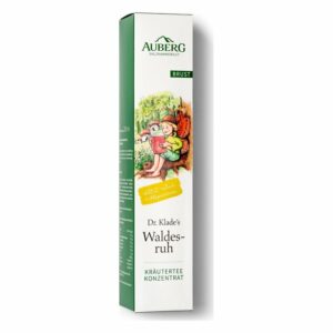 Packung mit Dr. Klades Waldesruh Kräutertee Konzentrakt, illustrativem Waldmotiv und grüner Gestaltung.