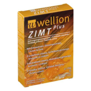Verpackung von Wellion Zimt Plus Nahrungsergänzungsmittel mit Zimt- und Ginseng-Extrakt, Chrom und Zink.