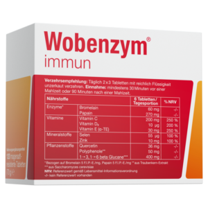 Verpackung von Wobenzym immun mit Informationen zu Nährstoffen und täglicher Verzehrsempfehlung auf rotem Hintergrund.