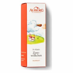 Schmale Verpackung für Raumduft mit grafischen Illustrationen von Wolken und einem Schloss, orange-rotes Design.
