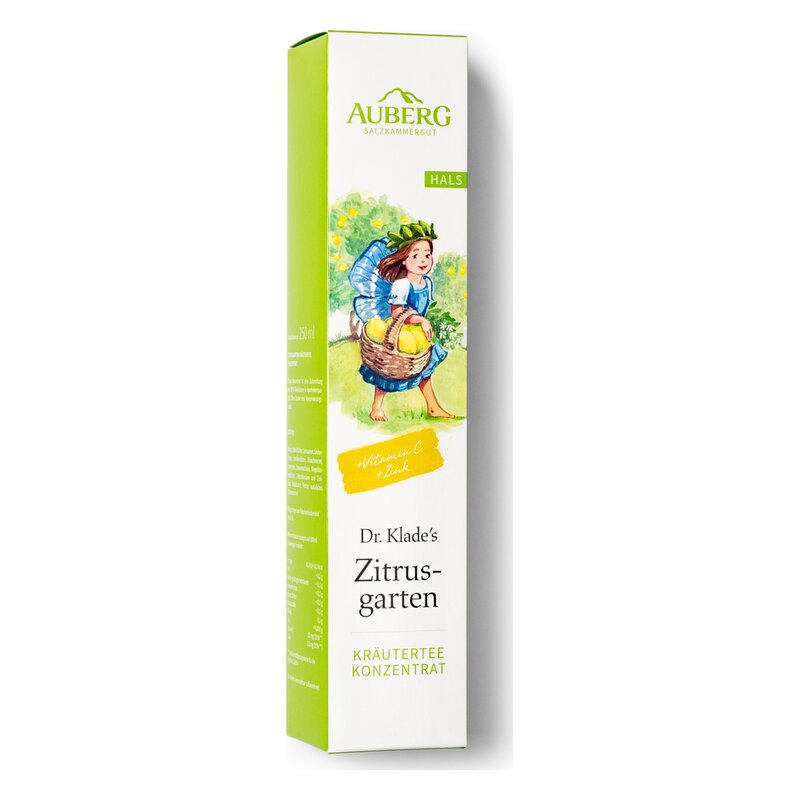 Verpackung für Dr. Klade's Zitrogarten Kräutertee-Konzentrat mit farbenfrohem, illustrativem Design.
