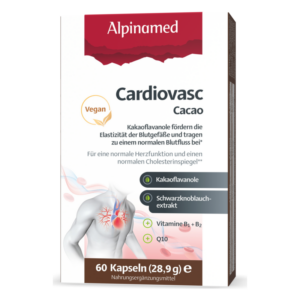Verpackung von Alpinamed Cardiovasc, vegan, enthält Kakaoflavanole, Vitamine und Q10 zur Herzunterstützung.