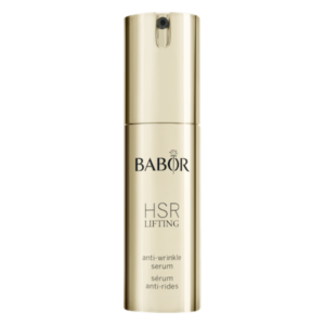 Goldfarbener Pumpflakon für ein Anti-Aging-Serum von Babor, mit dem Aufdruck HSR LIFTING.