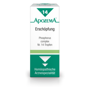 Packung mit homöopathischen Tropfen gegen Erschöpfung, grün-weiße Gestaltung, mit wichtiger Produktinformation.