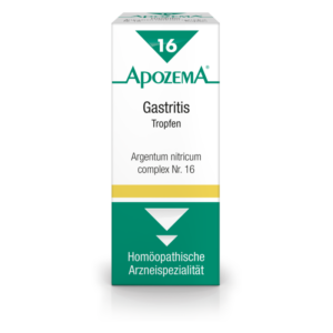 Packung mit homöopathischen Tropfen gegen Gastritis, zeigt grüne und gelbe Farben mit dem Hinweis auf die Inhaltstoffe.