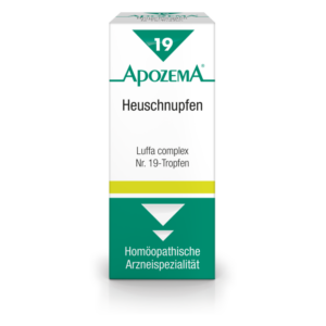 Kartonverpackung mit dem Aufdruck "ApozeMA Heuschnupfen" und "Luffa complex Nr. 19-Tropfen" in grüner und weißer Farbe.