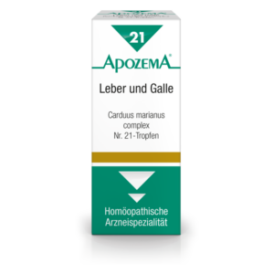 Homöopathisches Arzneimittel in einer weißen Verpackung für Leber und Galle, beschriftet mit Inhaltsstoffen und Anwendungshinweisen.