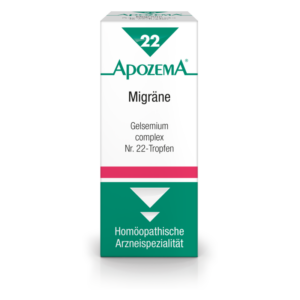 Verpackung von ApoZEMA Gelsemium complex Nr. 22-Tropfen zur Linderung von Migräne, weißes Design mit grünen und pinken Akzenten.