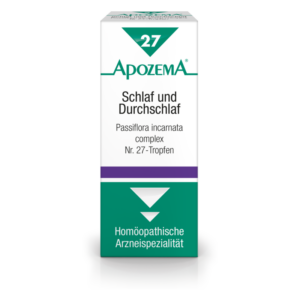 Verpackung von ApozeMa Nr. 27-Tropfen zur Förderung von Schlaf und Durchschlaf, in Weiß und Grün mit lila Streifen.