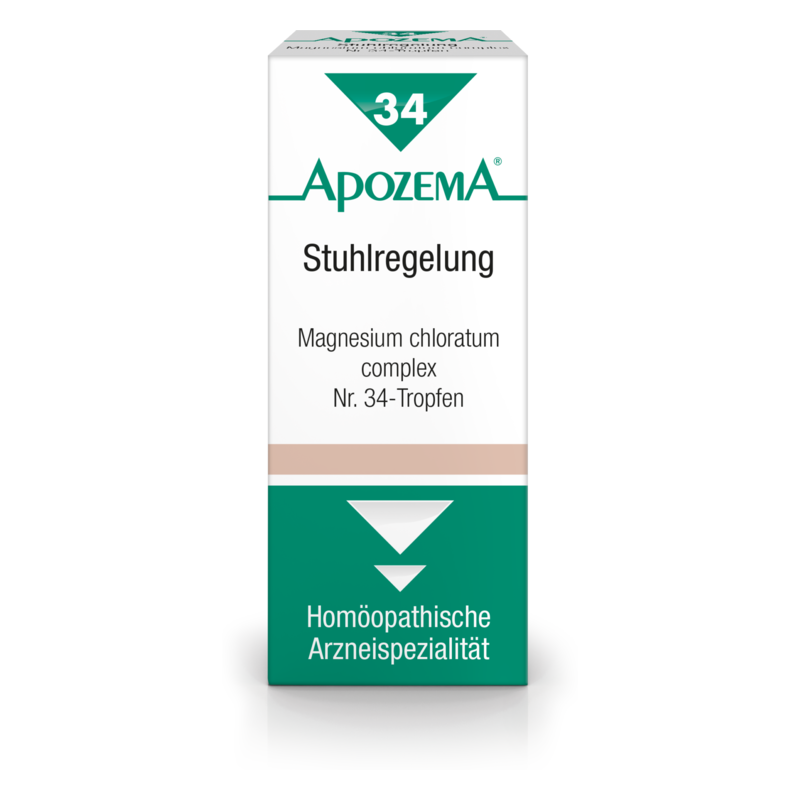 Verpackung von ApozemA Stuhlregelung, die Magnesium chloratum Tropfen anzeigt, mit grüner und weißer Gestaltung.