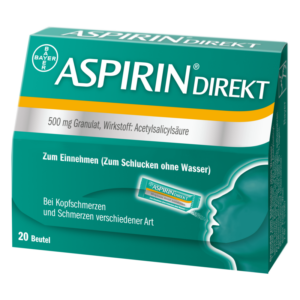 Packung mit ASPIRIN direkt Granulat, 500 mg, für die Einnahme ohne Wasser, gegen Kopfschmerzen und Schmerzen.