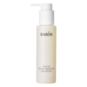 Flasche mit Pumpverschluss für den BABOR Phyto Hy-Öl Booster Calming, transparent mit blassem Inhalt.