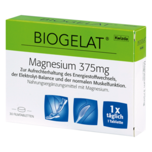Verpackung des Nahrungsergänzungsmittels Biogelat mit 30 Filmtabletten, enthält 375 mg Magnesium pro Tablette.