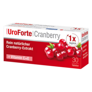 Verpackung des UroForte Cranberry mit 30 Tabletten, enthält reines Cranberry-Extrakt und Vitamine C und E.