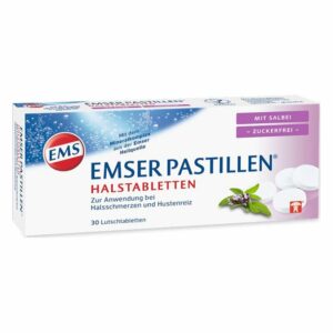 Verpackung von Emser Pastillen Halstabletten, 30 Lutschtabletten mit Salbei, zur Linderung von Halsschmerzen und Hustenreiz.
