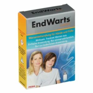 Box des Produkts EndWarts zur Warzenbehandlung, mit Bild eines Erwachsenen und eines Kindes sowie Anwendungshinweisen.