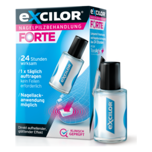 Flasche mit excilor Nagelpilzbehandlung Forte in einer bunten Verpackung, die Wirksamkeit über 24 Stunden anzeigt.