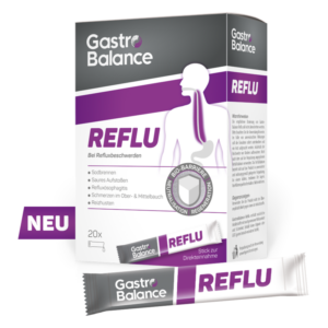 Verpackung von GastroBalance REFLU, einem Produkt zur Linderung von Refluxbeschwerden, mit Anwendungshinweisen.