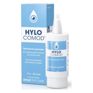 Flasche mit befeuchtenden Augentropfen in einer weißen Verpackung mit blauem Design und Tropfenzähler.