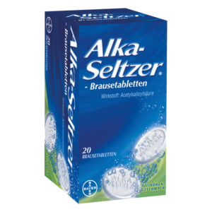 Verpackung von Alka-Seltzer Brausetabletten mit Zitronengeschmack und Inhaltsstoff Acetylsalicylsäure.