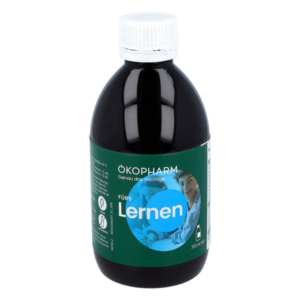 Dunkle Flasche mit weißem Schraubverschluss und grünem Etikett, beschriftet mit "Fürs Lernen" und dem Logo von ÖKOPHARM.