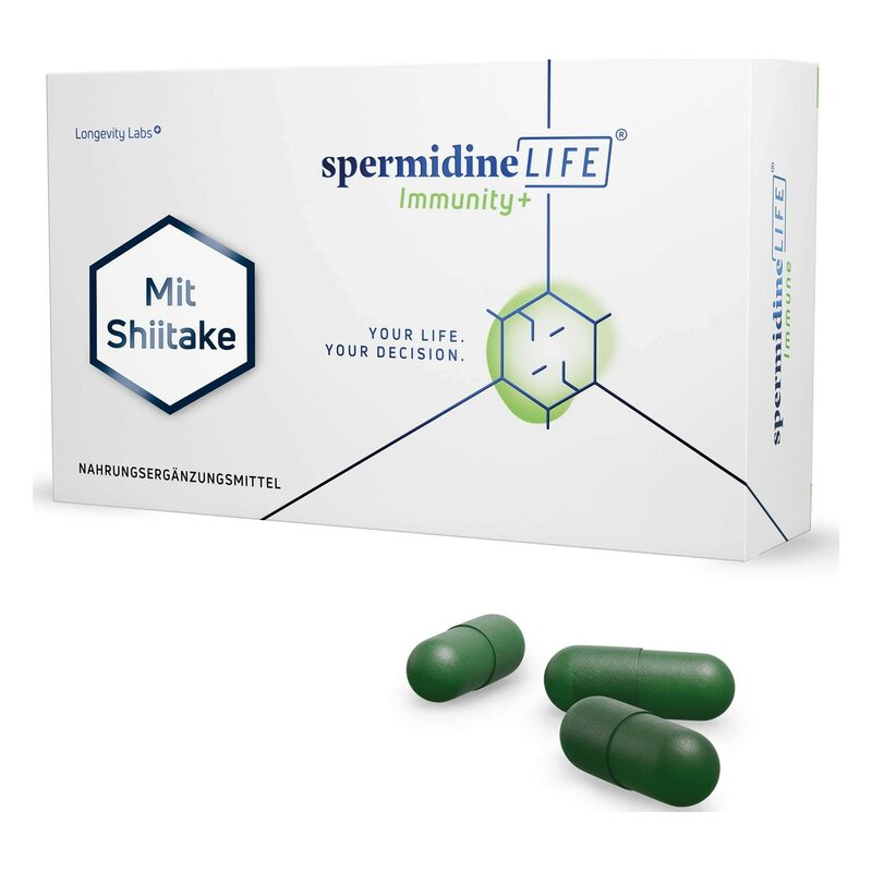 Verpackung von spermidineLIFE Immunity+ mit Shiitake Pilzen, enthält grüne Nahrungsergänzungsmittel-Kapseln.