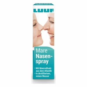 Verpackung von LUUF Mare Nasenspray mit blauem Design, Kontakt zwischen Mutter und Kind im Hintergrund.