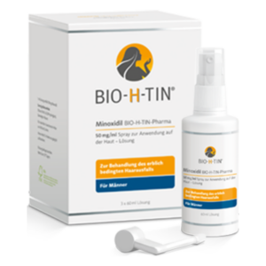 Packung mit Minoxidil Spray BIO-H-TIN zur Behandlung von erblich bedingtem Haarausfall für Männer.