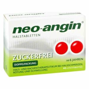 Verpackung von neo-angin Halstabletten, zuckerfrei, in einer Doppelpackung, für Erwachsene und Kinder ab 6 Jahren.