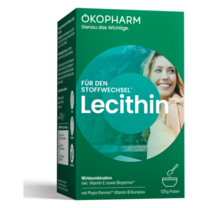 Verpackung von Lecithin für den Stoffwechsel mit Vitaminen und Bioperine, grün mit Abbildungen und Informationen.