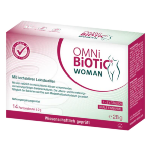 Verpackung von OMNi-BiOTiC WOMAN, einem Nahrungsergänzungsmittel mit hochaktiven Laktobazillen in Portionen.